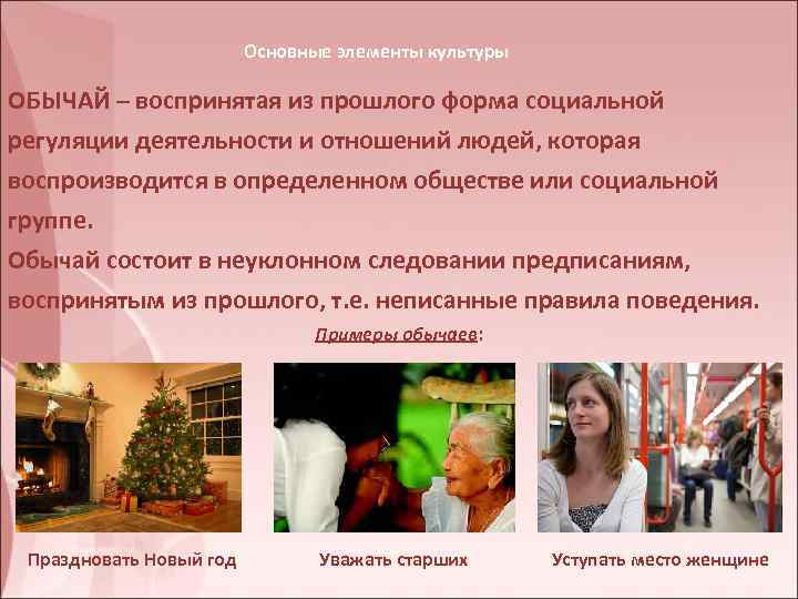 Основные элементы культуры ОБЫЧАЙ – воспринятая из прошлого форма социальной регуляции деятельности и отношений