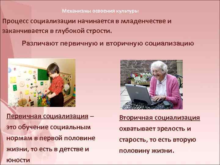 Механизмы освоения культуры Процесс социализации начинается в младенчестве и заканчивается в глубокой стрости. Различают