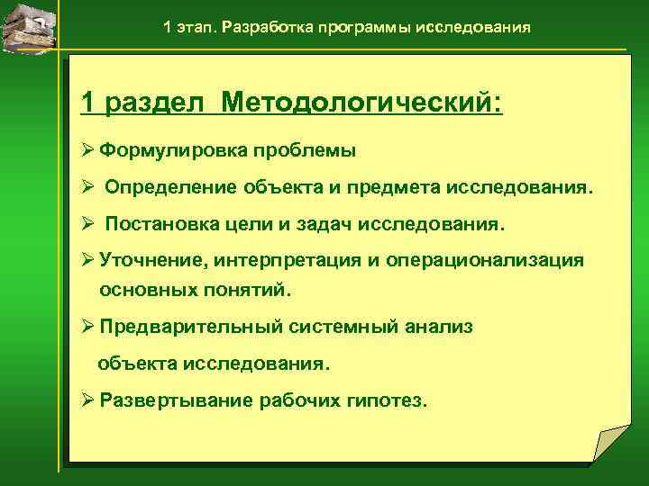1 этап. Разработка программы исследования 1 раздел Методологический: Ø Формулировка проблемы Ø Определение объекта