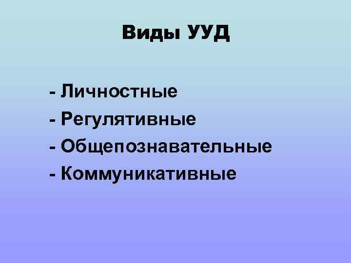 Виды УУД - Личностные - Регулятивные - Общепознавательные - Коммуникативные 