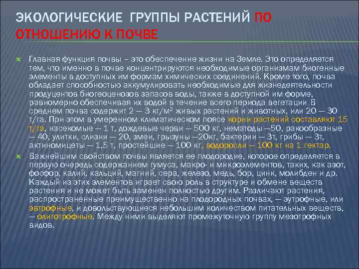 ЭКОЛОГИЧЕСКИЕ ГРУППЫ РАСТЕНИЙ ПО ОТНОШЕНИЮ К ПОЧВЕ Главная функция почвы – это обеспечение жизни