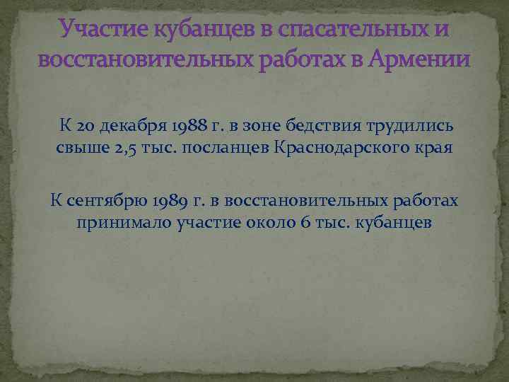 Участие кубанцев в спасательных и восстановительных работах в Армении К 20 декабря 1988 г.