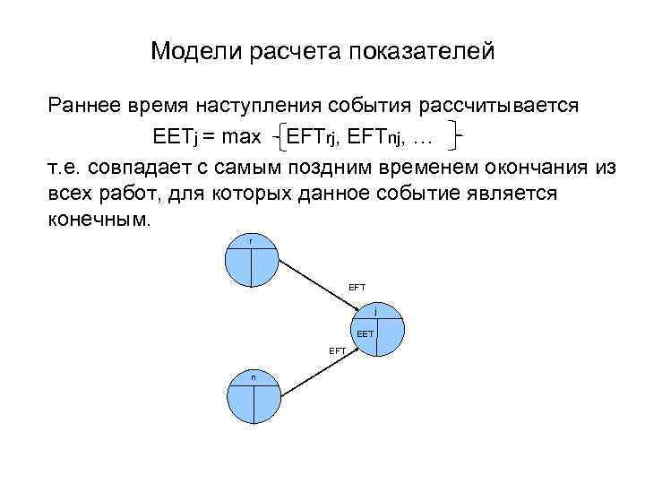 Модели расчета показателей Раннее время наступления события рассчитывается EETj = max EFTrj, EFTnj, …