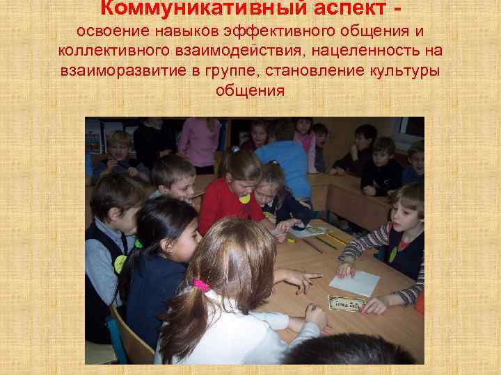 Коммуникативный аспект освоение навыков эффективного общения и коллективного взаимодействия, нацеленность на взаиморазвитие в группе,