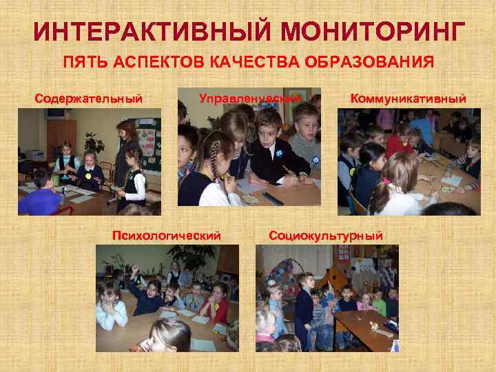 ИНТЕРАКТИВНЫЙ МОНИТОРИНГ ПЯТЬ АСПЕКТОВ КАЧЕСТВА ОБРАЗОВАНИЯ Содержательный Управленческий Психологический Коммуникативный Социокультурный 