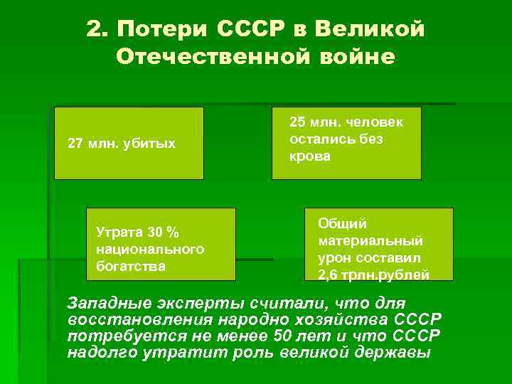 2. Потери СССР в Великой Отечественной войне 27 млн. убитых Утрата 30 % национального