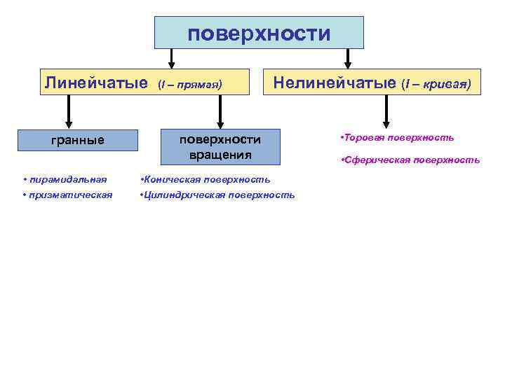 поверхности Линейчатые гранные (l – прямая) Нелинейчатые (l – кривая) поверхности вращения • пирамидальная