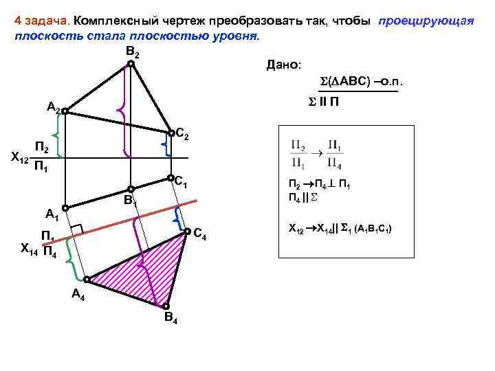4 задача. Комплексный чертеж преобразовать так, чтобы проецирующая плоскость стала плоскостью уровня. B 2