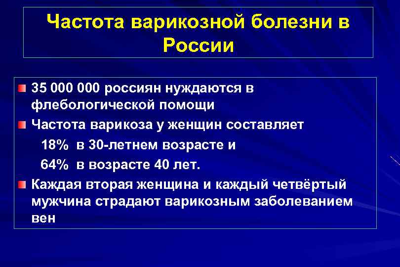Частота варикозной болезни в России 35 000 россиян нуждаются в флебологической помощи Частота варикоза