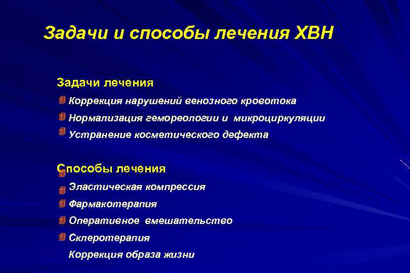 Задачи и способы лечения ХВН Задачи лечения Коррекция нарушений венозного кровотока Нормализация гемореологии и