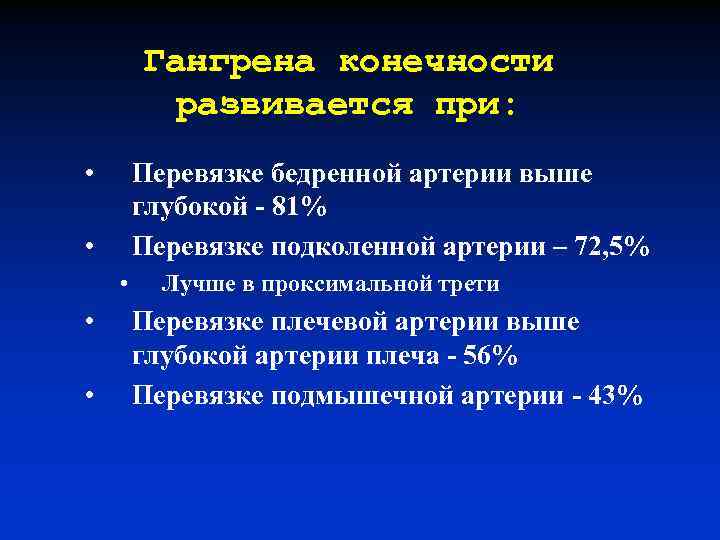 Гангрена конечности развивается при: • Перевязке бедренной артерии выше глубокой - 81% Перевязке подколенной