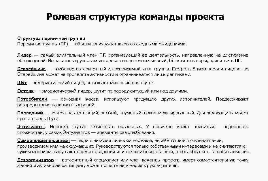 Ролевая структура команды проекта Структура первичной группы Первичные группы (ПГ) — объединения участников со