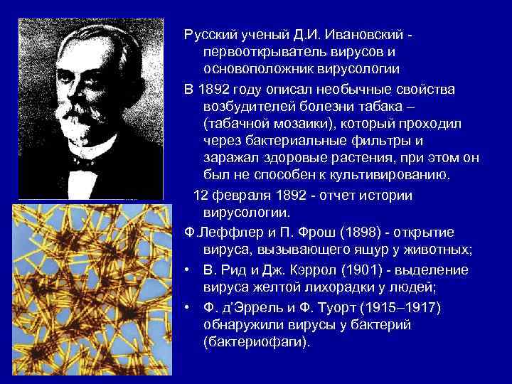 Русский ученый Д. И. Ивановский первооткрыватель вирусов и основоположник вирусологии В 1892 году описал