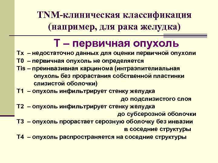 TNM-клиническая классификация (например, для рака желудка) Т – первичная опухоль Tx – недостаточно данных