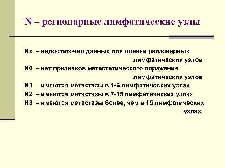 N – регионарные лимфатические узлы Nx – недостаточно данных для оценки регионарных лимфатических узлов