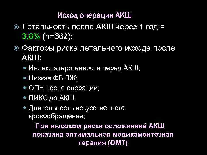 Исход операции АКШ Летальность после АКШ через 1 год = 3, 8% (n=662); Факторы