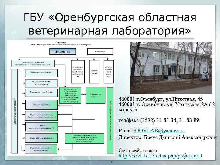 ГБУ «Оренбургская областная ветеринарная лаборатория» § 460001 г. Оренбург, ул. Пикетная, 45 460001 г.