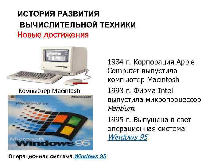 ИСТОРИЯ РАЗВИТИЯ ВЫЧИСЛИТЕЛЬНОЙ ТЕХНИКИ Новые достижения Компьютер Macintosh 1984 г. Корпорация Apple Computer выпустила