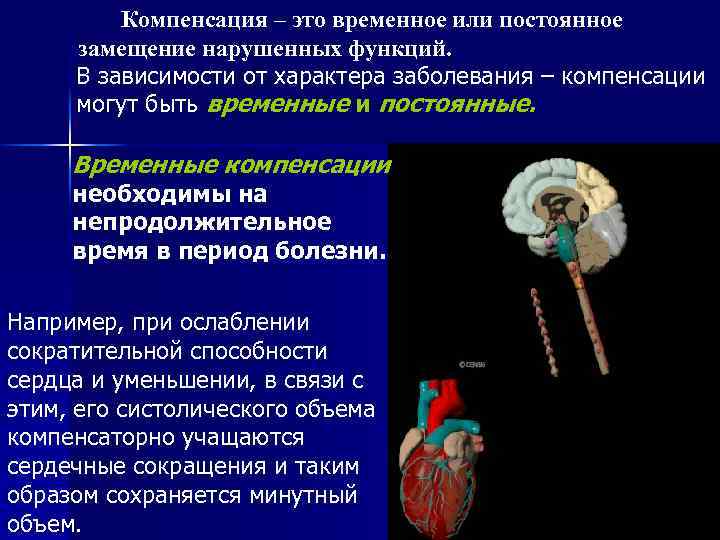 Компенсация – это временное или постоянное замещение нарушенных функций. В зависимости от характера заболевания