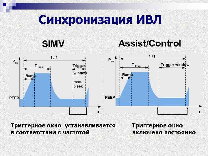 Синхронизация ИВЛ SIMV Триггерное окно устанавливается в соответствии с частотой Assist/Control Триггерное окно включено