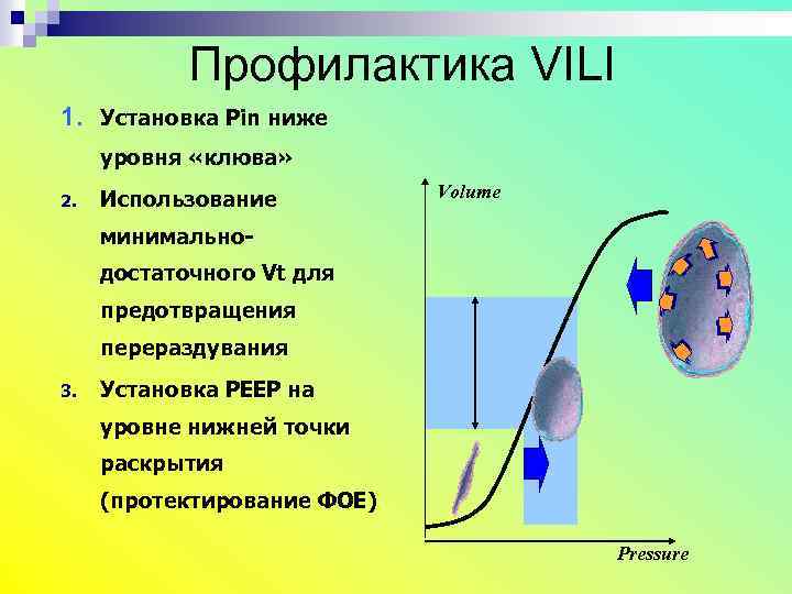Профилактика VILI 1. Установка Pin ниже уровня «клюва» 2. Использование Volume минимальнодостаточного Vt для