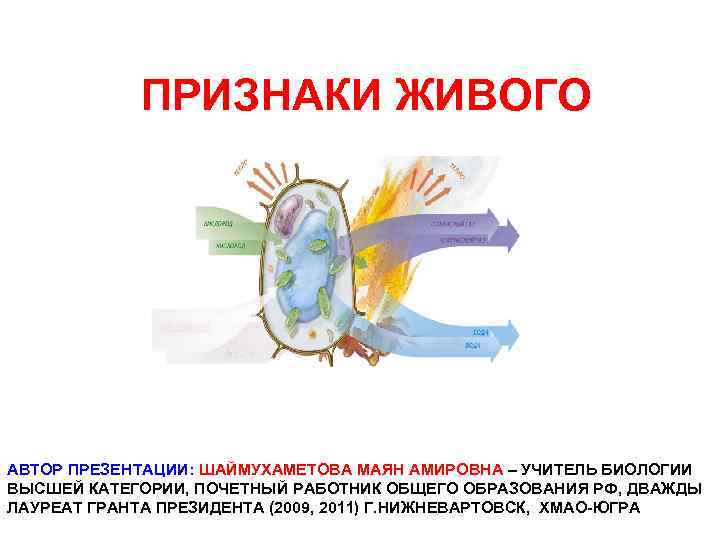 ПРИЗНАКИ ЖИВОГО АВТОР ПРЕЗЕНТАЦИИ: ШАЙМУХАМЕТОВА МАЯН АМИРОВНА – УЧИТЕЛЬ БИОЛОГИИ ВЫСШЕЙ КАТЕГОРИИ, ПОЧЕТНЫЙ РАБОТНИК