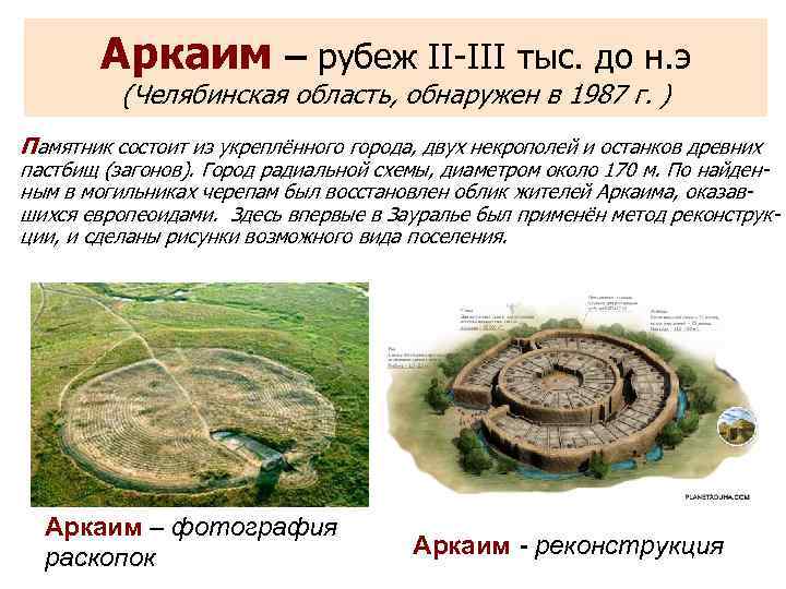 Аркаим – рубеж II-III тыс. до н. э (Челябинская область, обнаружен в 1987 г.