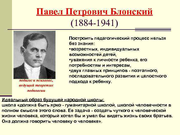 Павел Петрович Блонский (1884 -1941) педагог и психолог, ведущий теоретик педологии Построить педагогический процесс