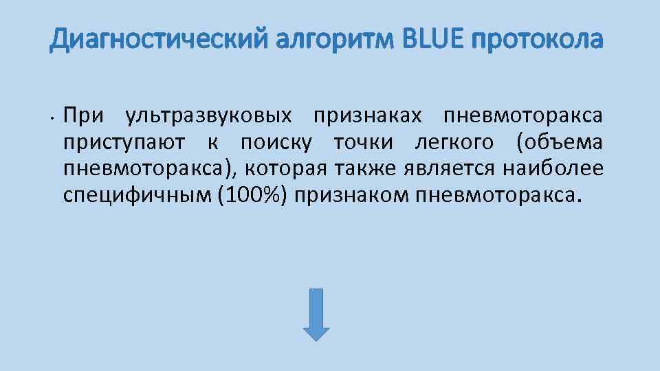 Диагностический алгоритм BLUE протокола • При ультразвуковых признаках пневмоторакса приступают к поиску точки легкого