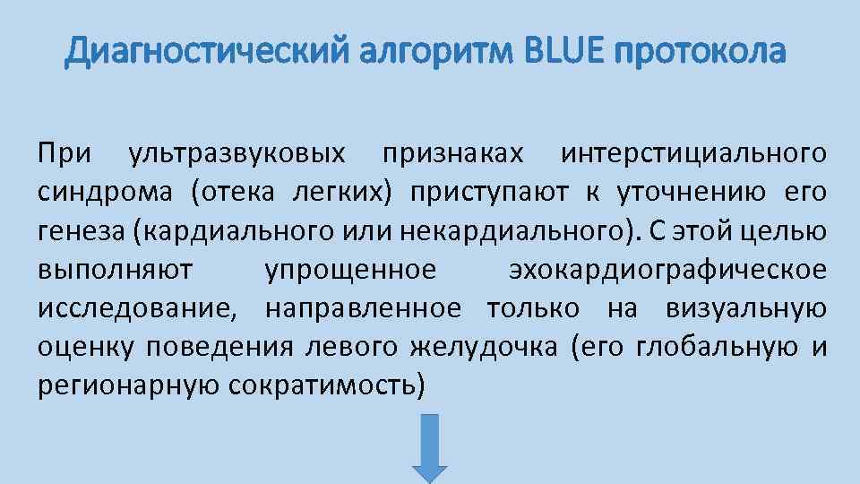 Диагностический алгоритм BLUE протокола При ультразвуковых признаках интерстициального синдрома (отека легких) приступают к уточнению