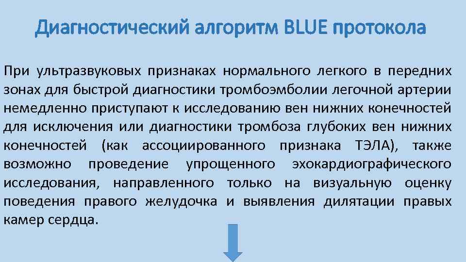 Диагностический алгоритм BLUE протокола При ультразвуковых признаках нормального легкого в передних зонах для быстрой