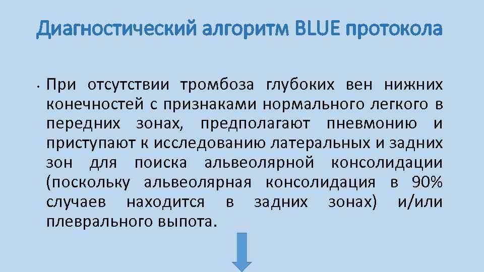 Диагностический алгоритм BLUE протокола • При отсутствии тромбоза глубоких вен нижних конечностей с признаками
