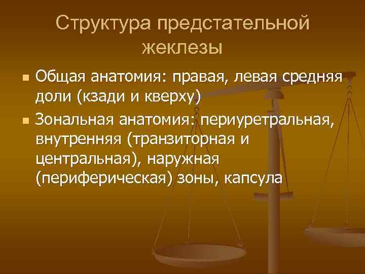 Структура предстательной жеклезы n n Общая анатомия: правая, левая средняя доли (кзади и кверху)