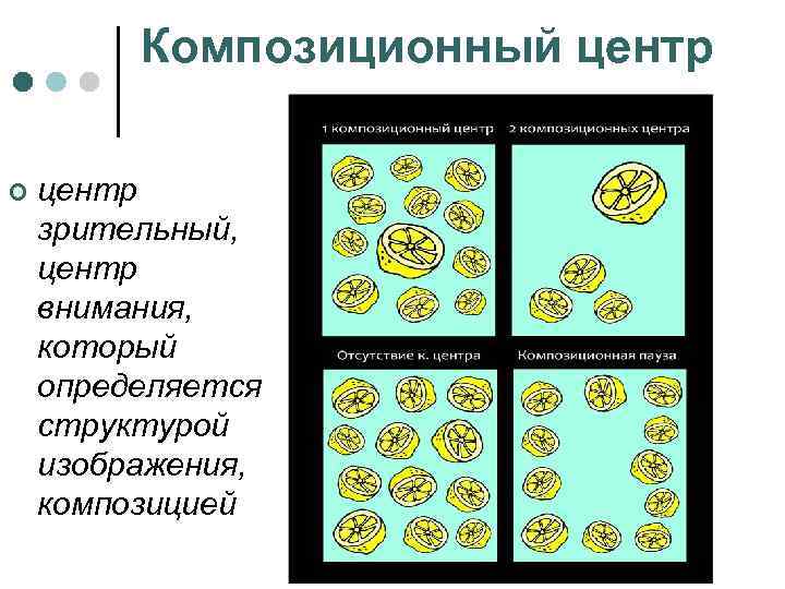 Композиционный центр ¢ центр зрительный, центр внимания, который определяется структурой изображения, композицией 