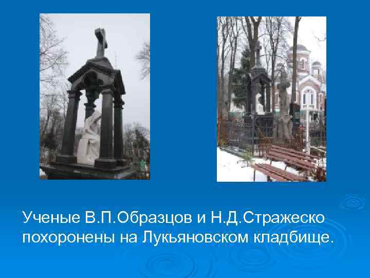Ученые В. П. Образцов и Н. Д. Стражеско похоронены на Лукьяновском кладбище. 