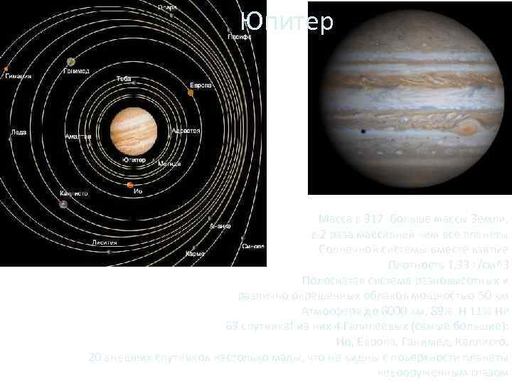 Юпитер Масса в 317 больше массы Земли, в 2 раза массивней чем все планеты