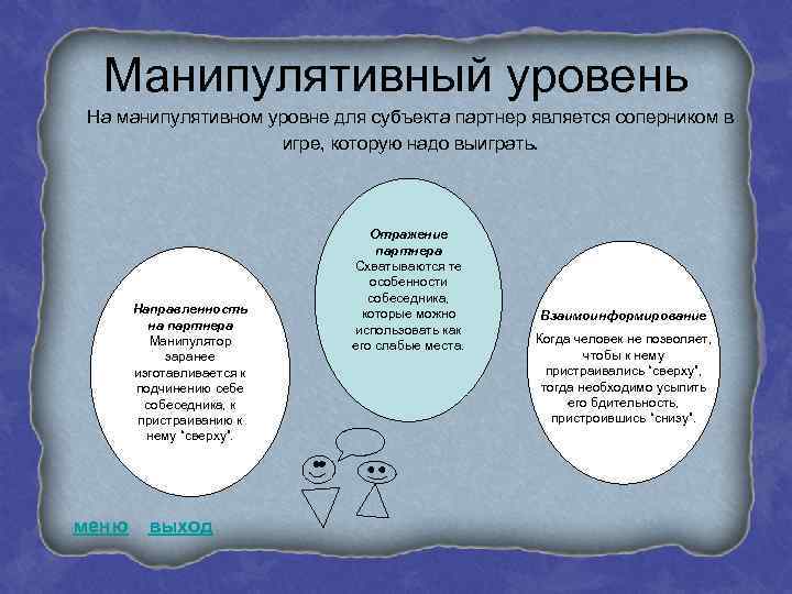 Манипулятивный уровень На манипулятивном уровне для субъекта партнер является соперником в игре, которую надо