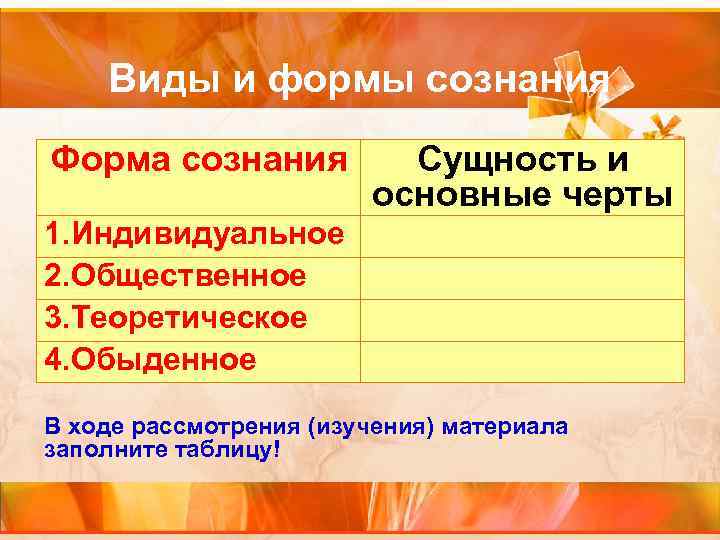 Виды и формы сознания Форма сознания Сущность и основные черты 1. Индивидуальное 2. Общественное