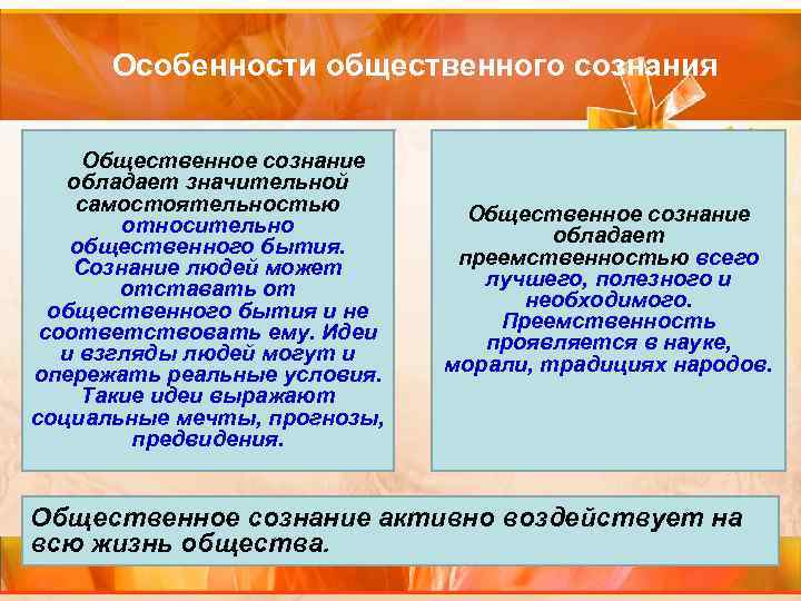 Особенности общественного сознания Общественное сознание обладает значительной самостоятельностью относительно общественного бытия. Сознание людей может