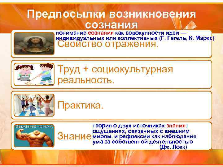 Предпосылки возникновения сознания понимание сознания как совокупности идей — индивидуальных или коллективных (Г. Гегель,