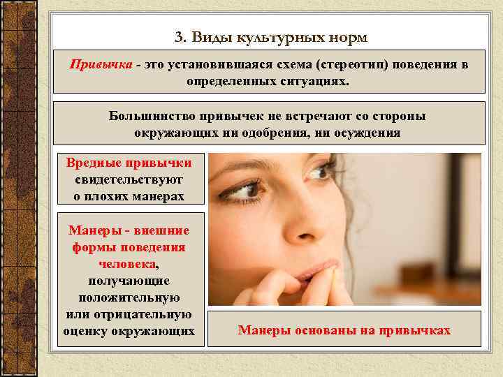 3. Виды культурных норм Привычка - это установившаяся схема (стереотип) поведения в определенных ситуациях.