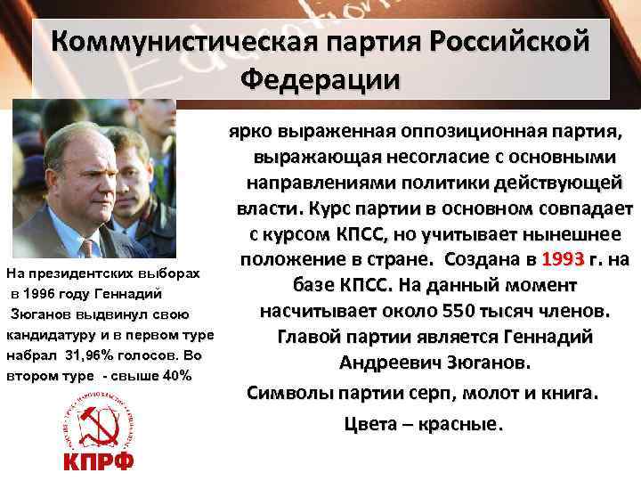 Коммунистическая партия Российской Федерации ярко выраженная оппозиционная партия, выражающая несогласие с основными направлениями политики