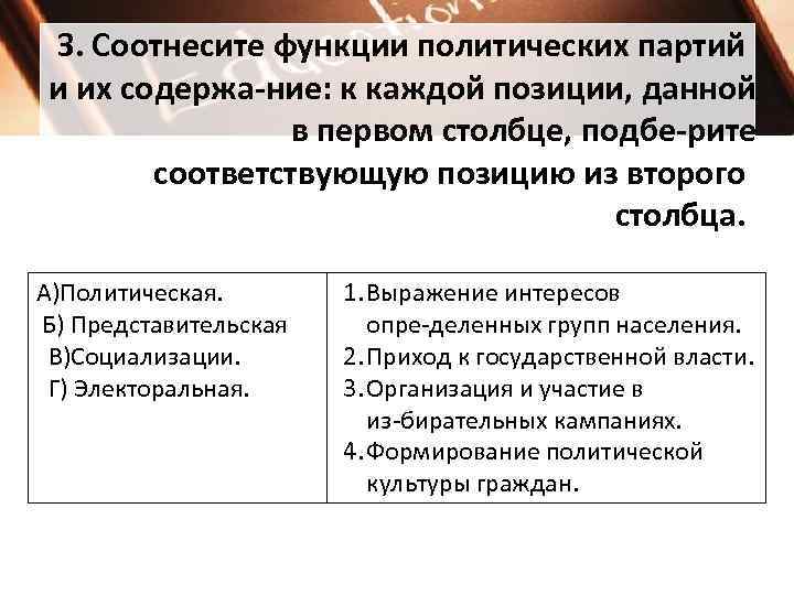 З. Соотнесите функции политических партий и их содержа ние: к каждой позиции, данной в
