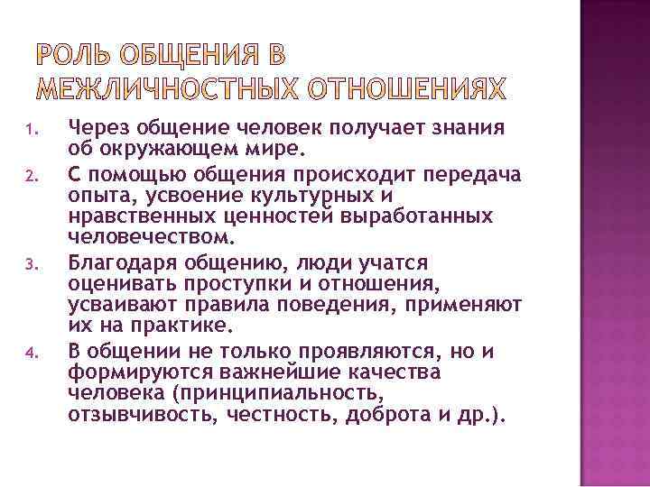1. 2. 3. 4. Через общение человек получает знания об окружающем мире. С помощью