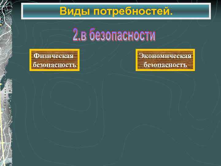 Виды потребностей. Физическая безопасность Экономическая безопасность 