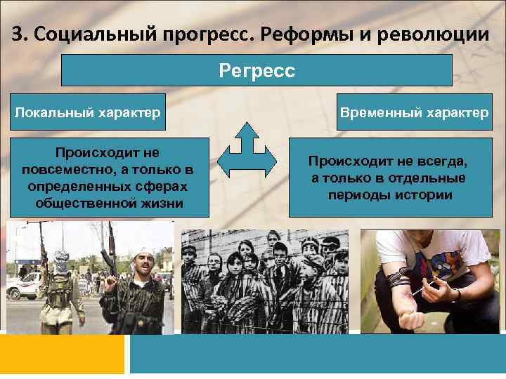 3. Социальный прогресс. Реформы и революции Регресс Локальный характер Происходит не повсеместно, а только