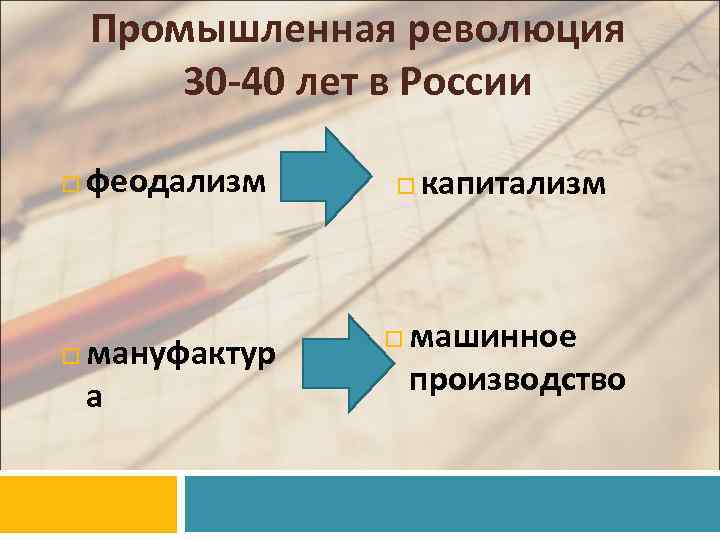 Промышленная революция 30 -40 лет в России феодализм мануфактур а капитализм машинное производство 