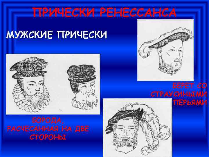 ПРИЧЕСКИ РЕНЕССАНСА МУЖСКИЕ ПРИЧЕСКИ БЕРЕТ СО СТРАУСИНЫМИ ПЕРЬЯМИ БОРОДА, РАСЧЕСАННАЯ НА ДВЕ СТОРОНЫ 