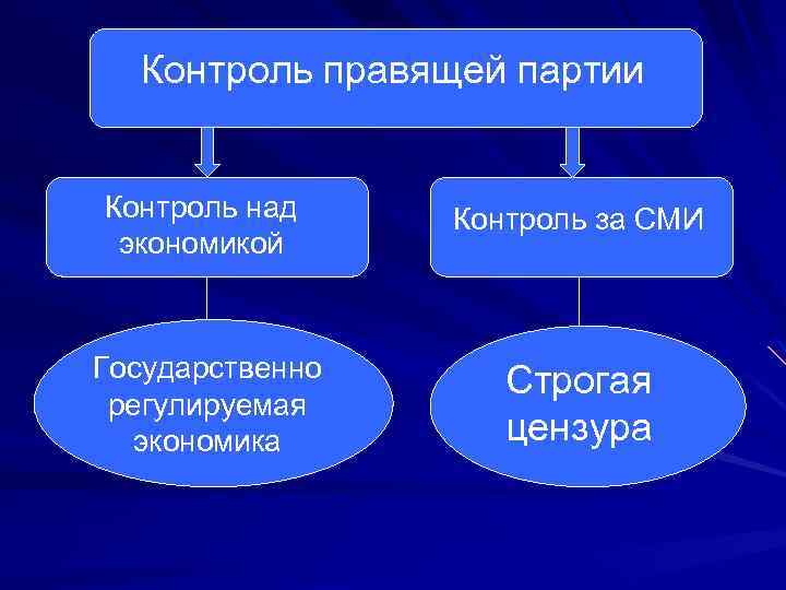 Контроль правящей партии Контроль над экономикой Контроль за СМИ Государственно регулируемая экономика Строгая цензура