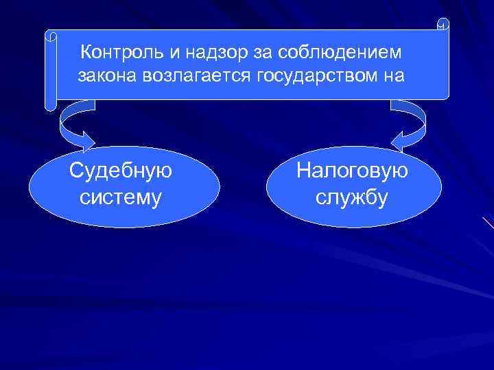 Контроль и надзор за соблюдением закона возлагается государством на Судебную систему Налоговую службу 